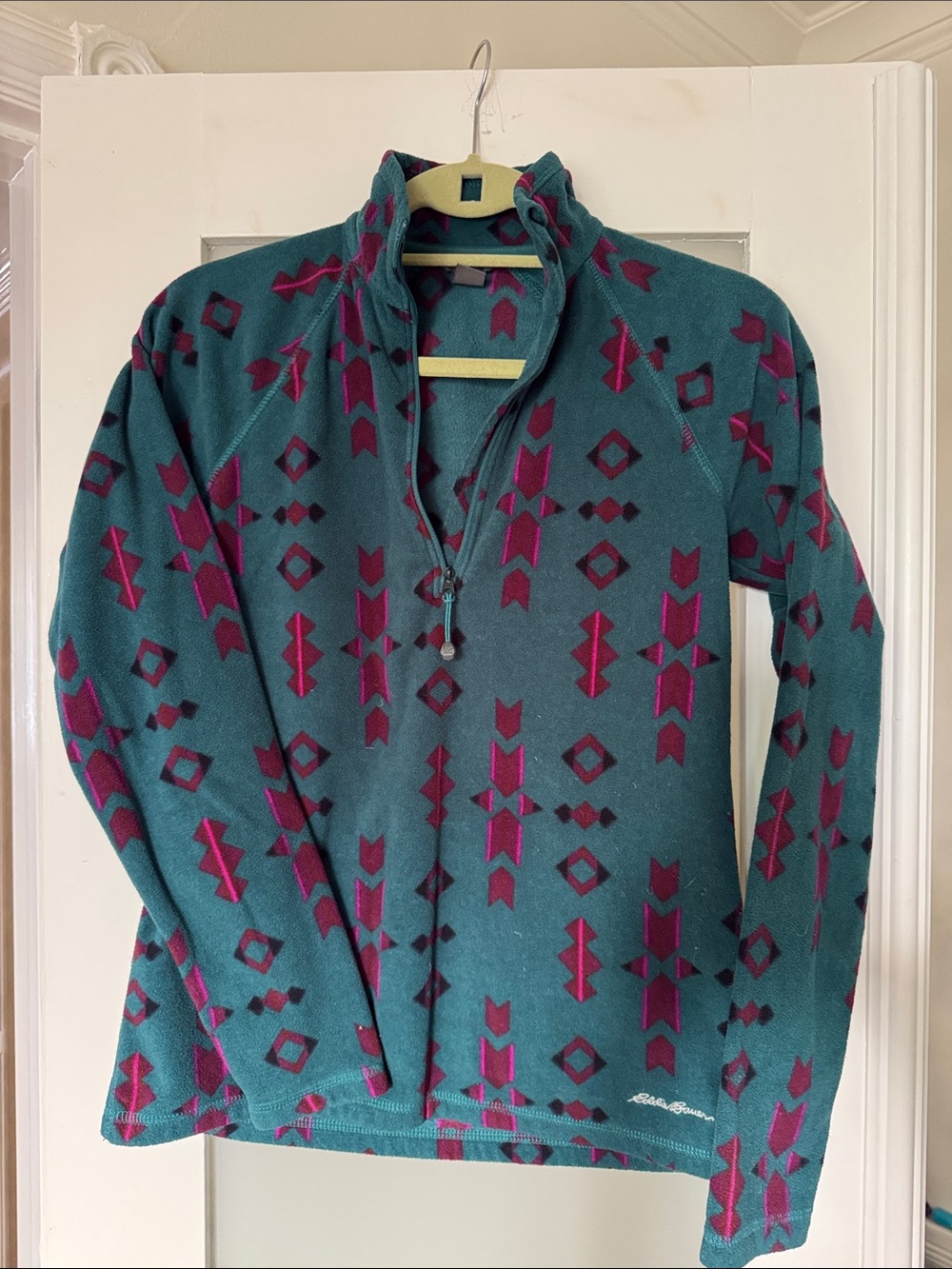 Eddie Bauer Teal Fleece Pullover with Magenta Geometric Print